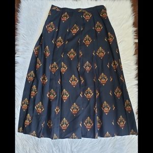 Vintage Navy Blue Ornate Gold Pleated Midi Skirt